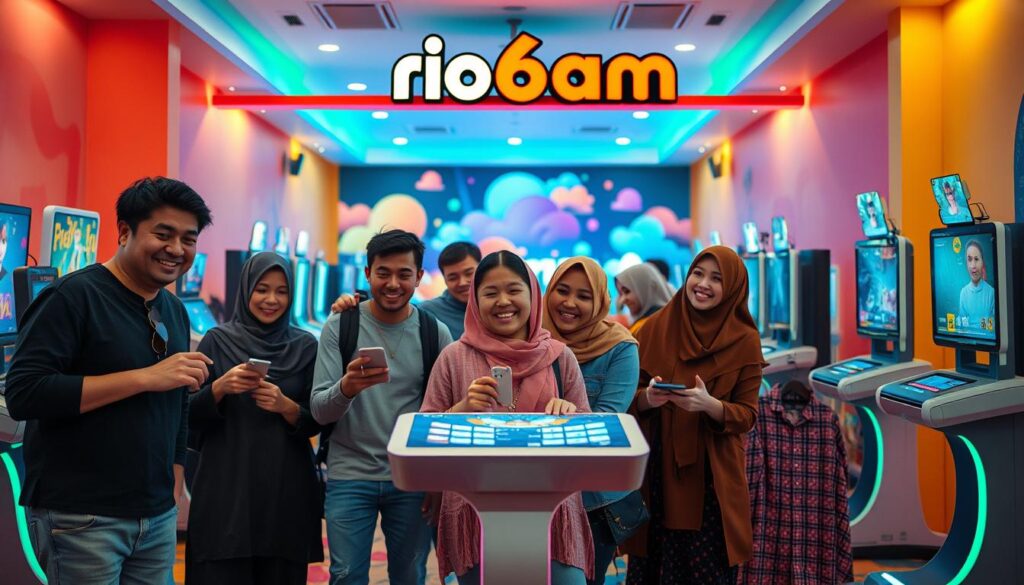 A colorful, inviting scene centered around "rio66sam". In the foreground, a diverse group of friends, including both men and women dressed in modest casual clothing, are joyfully interacting with various gaming elements, such as colorful virtual avatars and interactive screens displaying fun graphics. The middle ground features a vibrant gaming setup with sleek, modern devices and playful accessories, showcasing the engaging nature of the rio66sam platform. The background captures a lively gaming environment, filled with light-hearted energy, with soft ambient lighting to create a welcoming atmosphere. Use a slightly elevated camera angle to capture the excitement and camaraderie among the friends, giving the image a sense of depth and connectivity. The mood is fun and engaging, inviting viewers to explore the world of rio66sam.