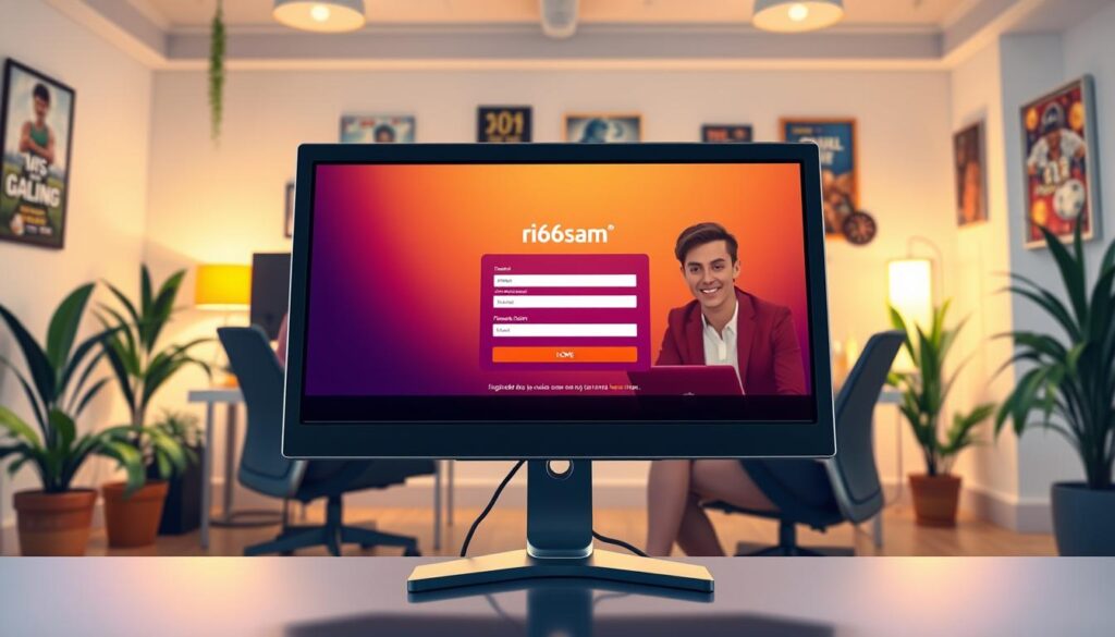 A detailed illustration of the "registration steps for rio66sam" in the context of an online casino. In the foreground, a computer screen displays the rio66sam registration page with vibrant colors, showcasing a user-friendly form. In the middle ground, a diverse group of two people, a young man and a woman, are seated at a modern desk, both in professional attire, engaging with the computer, appearing focused and excited. The background features a cozy, inviting office environment with soft, ambient lighting and decorative elements like gaming posters and plants. The atmosphere is upbeat and optimistic, reflecting anticipation for the online gaming experience. The image should be composed in a clear, slightly angled view to emphasize the interaction between the users and the computer screen.