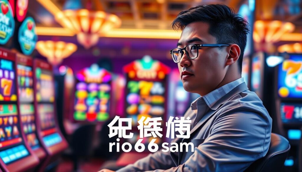A dynamic and engaging image illustrating "เทคนิคการเล่นเกมสล็อต" with a focus on strategy and gameplay. In the foreground, a professional player seated at a vibrant slot machine, showcasing excitement and concentration. They are dressed in smart casual attire. The middle layer features a colorful array of slot machine symbols and icons, like fruits, bars, and lucky sevens, creating a sense of action and potential rewards. In the background, a blurred yet glamorous casino setting with bright lights and dynamic energy, suggestive of a bustling environment. Employ soft, ambient lighting to highlight the player's focused expression while casting a warm glow over the entire scene. The brand logo "rio66sam" subtly integrated into the design without text overlay.