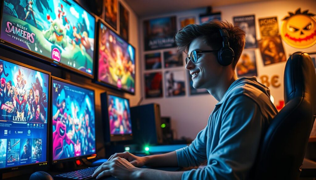 A dynamic portrayal of a young gamer, "rio66sam," sitting in front of an advanced gaming setup with multiple screens displaying vibrant game graphics. The foreground features rio66sam, a young adult in casual but stylish attire, absorbed in gameplay, showcasing excitement and concentration. The middle layer includes the glowing screens filled with pixelated characters and a colorful gaming atmosphere, accentuated by LED lights. In the background, a cozy gaming room displays gaming posters and collectibles, enhancing the immersive experience. The lighting is soft yet dramatic, emphasizing the glowing screens while casting subtle shadows. The overall mood is energetic and engaging, capturing the essence of a passionate gamer ready to explore new adventures.