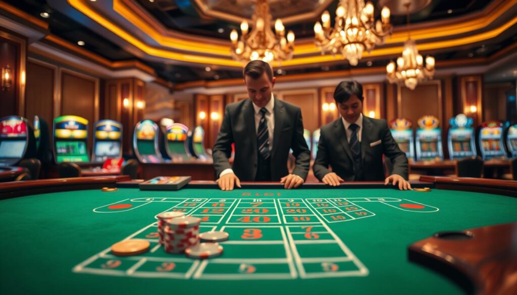 A luxurious baccarat gaming table set in an elegant online casino environment, featuring a sleek design with green felt and polished wooden accents. In the foreground, a beautiful baccarat layout showcases the game's distinct sections, adorned with gold and silver chips. Middle-ground elements include two professional dealers attentively engaging with the game, dressed in sharp business attire, demonstrating the essence of high-stakes play. In the background, soft ambient lighting casts a warm glow, highlighting other casino games while a shimmering chandelier adds sophistication. The atmosphere feels exclusive and inviting, invoking the excitement and allure of online gambling at "rio66sam". Use a shallow depth of field to focus on the game and the dealers, creating a sense of immersion.