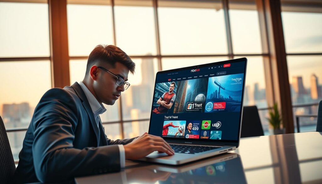 A modern and sleek digital workspace showcasing the brand "rio66sam". In the foreground, a professional-looking person dressed in smart business attire is intently focused on a laptop displaying the rio66sam website interface. The middle ground features vibrant graphics related to online betting and finance, suggesting trust and reliability. In the background, a well-lit office setting with large windows reveals a city skyline, symbolizing growth and opportunity. The lighting is warm and inviting, creating an atmosphere of professionalism and confidence. The camera angle is slightly elevated, emphasizing the subject's engagement with the digital elements. No text or branding elements should clutter the image, allowing the scene to resonate with the theme of online trust and reliability in the betting industry.