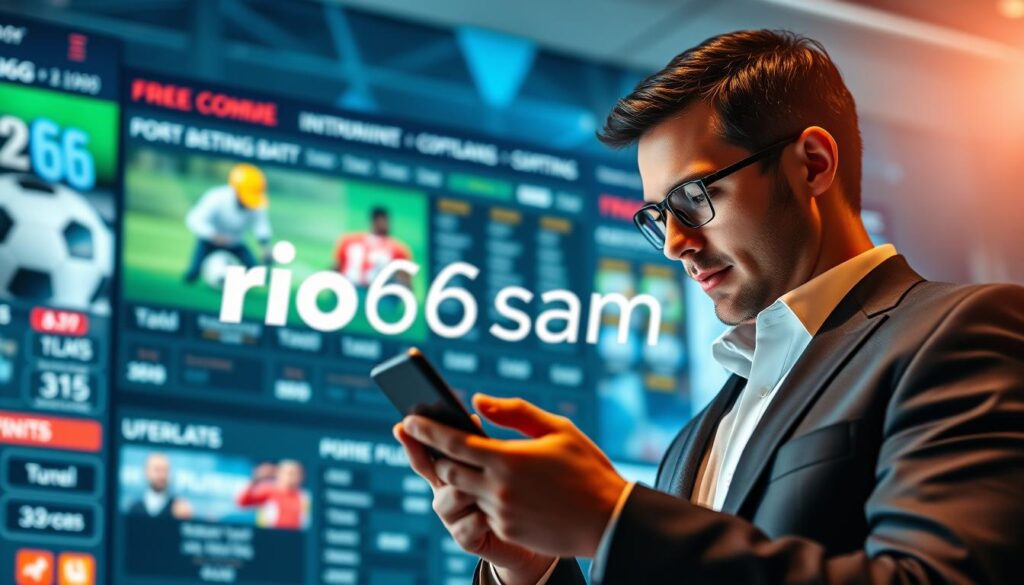 A modern, sleek digital interface showcasing the brand "rio66sam" prominently at the center. In the foreground, a confident individual in professional business attire is reviewing a betting app on a smartphone, embodying an engaged user experience. The middle layer features a vibrant, dynamic background of a virtual betting platform with graphics illustrating various sports betting options. The lighting is bright and inviting, highlighting the detail on the smartphone and the interest on the user's face. A soft focus in the background adds depth, with abstract shapes symbolizing digital transactions and excitement. The mood is energetic and forward-thinking, suggesting innovation in the online betting landscape.
