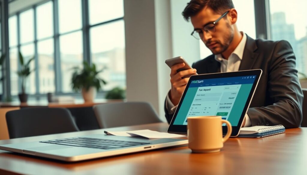 A professional and modern workspace featuring a sleek laptop displaying the rio66sam online deposit interface on the screen. In the foreground, a businessperson in professional attire, focused and attentive, is using a smartphone to confirm a deposit. The middle ground highlights a stylish, minimalist desk with a notebook and a cup of coffee beside the laptop. The background showcases a bright office setting with large windows allowing natural light to flood the room, creating an inviting atmosphere. Use a slightly elevated camera angle to capture the scene dynamically, with soft lighting for a warm, productive mood. The composition reflects professionalism and trustworthiness, suitable for an article about online financial transactions.