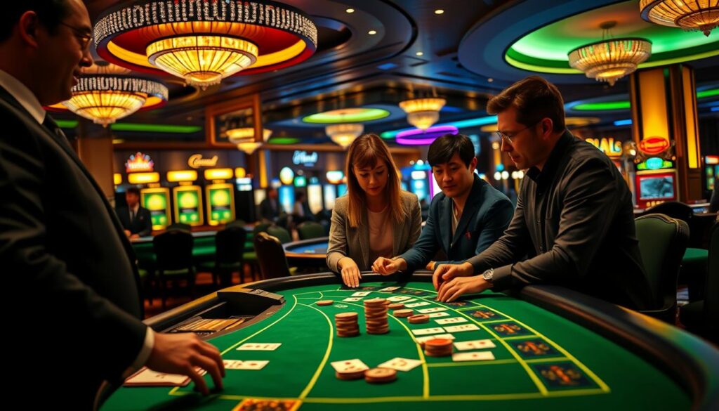 A sophisticated and inviting casino scene showcasing the atmosphere of playing baccarat at "rio66sam". In the foreground, a sleek green felt baccarat table with cards and chips neatly arranged, emphasizing the game's elegance. To the left, a well-dressed dealer in professional attire, demonstrating the game with friendly gestures, while focusing on a pair of attentive players in modest casual clothing engaging with the game. In the middle ground, colorful lights and Baccarat signage illuminate the space, creating a warm ambiance that draws viewers in. In the background, glimpses of other gaming tables can be seen, hinting at a bustling casino environment. Soft, dramatic lighting casts gentle shadows, enhancing the lively yet sophisticated mood of the scene, captured through a slightly elevated angle for a comprehensive view.