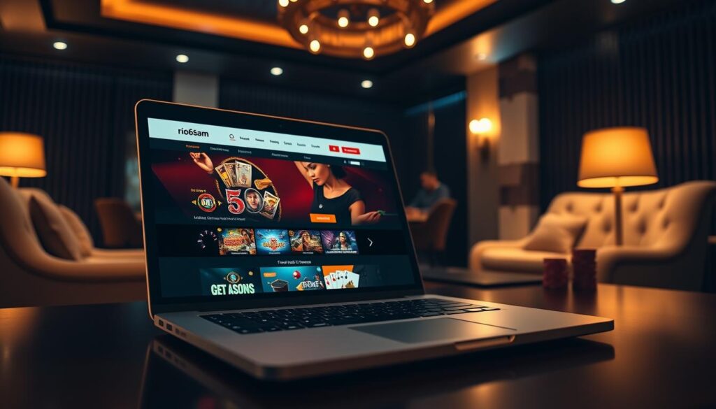 A sophisticated and inviting depiction of an online casino environment showcasing the brand "rio66sam". In the foreground, a sleek laptop displaying the rio66sam website, with vibrant graphics of popular casino games like slots and poker. The middle layer features a stylish poker table with chips and cards, hinting at the excitement of gaming. In the background, a dimly lit, plush lounge area conveys a warm and welcoming atmosphere, with soft light casting gentle shadows. The scene is infused with a feeling of anticipation and enjoyment, illuminated with a soft glow from the laptop screen and decorative lighting. Use a wide-angle perspective to capture the entire setup, emphasizing the elegance and appeal of the online gaming experience.