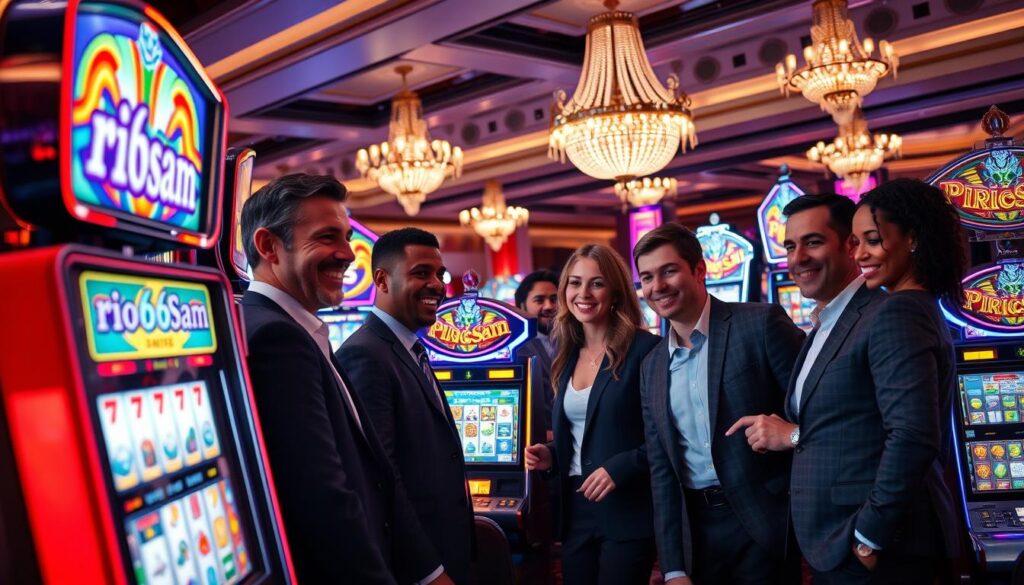 A vibrant and engaging casino scene featuring a variety of colorful slot machines, prominently displaying the brand name "rio66sam." In the foreground, a diverse group of five people dressed in professional business attire gather around a slot machine, their expressions filled with excitement and joy as they play. The middle ground showcases the intricate designs of the slot machines, with bright lights and spinning reels, creating a dynamic focal point. In the background, soft, ambient lighting enhances the casino's atmosphere, with elegant chandeliers and decorations. Capturing a sense of fun and camaraderie, the overall mood is lively yet inviting, emphasizing the benefits of playing slot games. The angle is slightly elevated, providing a comprehensive view of the scene while maintaining clarity and focus on the characters and machines.