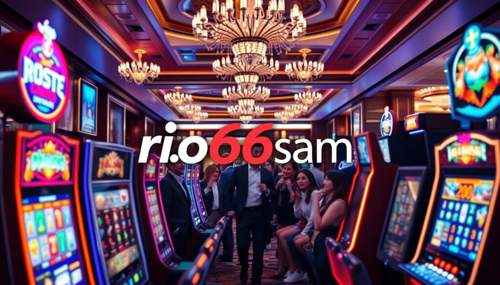 A vibrant and engaging casino scene featuring the logo "rio66sam" prominently displayed. In the foreground, a variety of colorful slot machines with bright lights and dynamic visuals attract players. The middle ground reveals a group of diverse individuals in professional attire, demonstrating excitement as they interact with the games. Soft, ambient lighting creates a welcoming atmosphere, emphasizing the joy and thrill of gaming. In the background, luxurious casino decor enhances the elegance of the environment, with an inviting bar area and shimmering chandeliers. The overall mood is festive and immersive, showcasing the exhilarating experience of playing at an online casino. The composition should be dynamic, captured from a slightly elevated angle to encapsulate the vibrancy of the moment.