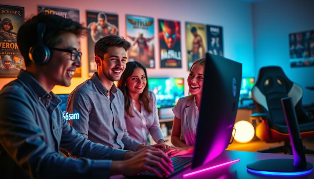 A vibrant and engaging gaming scene featuring an enthusiastic young adult male and female in professional casual clothing, focused on a gaming setup. The foreground shows the players engaged with high-tech gaming equipment, expressing excitement and camaraderie. In the middle ground, a sleek gaming desk with RGB lighting casts a colorful glow, highlighting a large monitor displaying the logo "rio66sam." The background features posters of popular video games and a cozy gaming chair, creating a warm and inviting atmosphere. Soft, ambient lighting enhances the mood, giving a sense of community and fun. Use a slightly angled perspective to add depth and capture the dynamic energy of the gaming experience, ensuring the image remains friendly and professional.