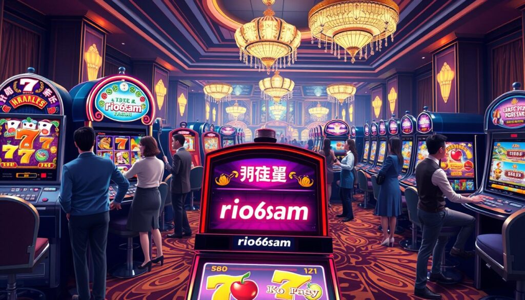 A vibrant and engaging illustration representing "สล็อต rio66sam." In the foreground, showcase an inviting slot machine adorned with colorful graphics and symbols of luck like cherries and lucky sevens, emphasizing the brand name “rio66sam” prominently on the machine's screen. In the middle ground, include a lively casino atmosphere with players excitedly engaging with various slot machines, all dressed in polished casual attire, conveying a fun yet sophisticated vibe. The background features elegant casino decor, with soft, dim lighting, enhancing the warm and lively ambiance. Use a wide-angle lens to capture the bustling scene, ensuring dynamic perspectives that highlight the excitement of the gaming experience. The overall mood should be joyful and exhilarating, inviting viewers to immerse themselves in the world of “สล็อต rio66sam.”