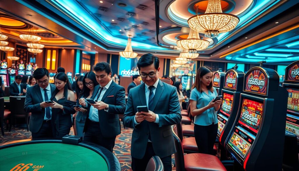 A vibrant and inviting casino scene featuring "rio66sam", showcasing a luxurious online gambling experience. In the foreground, a stylish, diverse group of people in professional business attire are engaging with high-tech devices displaying the rio66sam brand, capturing their excitement. The middle ground has elegant gaming tables with rich green felt, and sophisticated slot machines glowing. The background contains an opulent casino interior with sparkling chandeliers, plush seating, and atmospheric ambient lighting, creating a sense of luxury and fun. The angle is slightly elevated, providing a panoramic view of the bustling activity. The overall mood is energetic and enticing, inviting viewers to explore the exciting world of rio66sam's online casino experience.