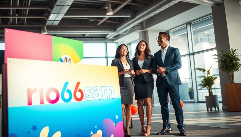 A vibrant promotional scene showcasing "rio66sam" in a modern, inviting setting. In the foreground, a stylish display featuring colorful banners and graphics representing the brand. The middle layer features a diverse group of three professionals, two women in smart business attire and one man in a tailored suit, enthusiastically discussing the offerings of "rio66sam." In the background, a well-lit and contemporary office space with large windows allowing natural sunlight to filter in, creating an energetic and positive atmosphere. The scene captures a sense of excitement and opportunity, with soft shadows and a warm color palette emphasizing the inviting nature of the promotion. The angle is dynamic, slightly tilted to give a sense of movement and engagement.