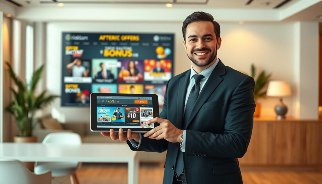 A vibrant promotional scene showcasing "rio66sam" with a focus on diverse types of attractive offers. In the foreground, a professional-looking individual in business attire, smiling and engaging with the audience, presents a digital tablet displaying striking images of various promotions. The middle ground features dynamic graphics of offer categories, such as discounts and bonuses, elegantly arranged in an engaging layout. The background consists of a modern office setting, with soft lighting that creates a warm and inviting atmosphere. The scene captures a sense of excitement and positivity, emphasizing the value of the promotions. Use a wide-angle lens perspective to encompass the entire vibrant composition, ensuring a clean and professional look without any text or logos.