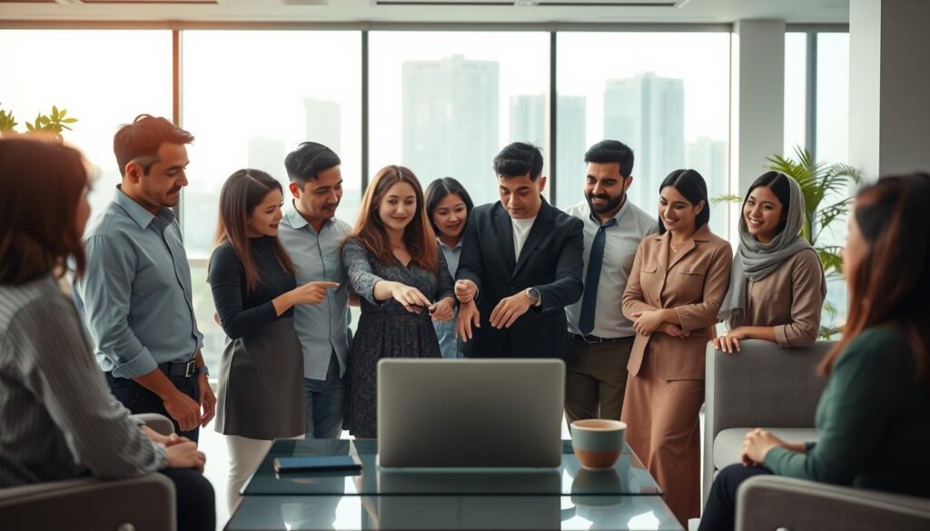 A visually engaging and informative scene depicting the registration process for "rio66sam." In the foreground, a diverse group of people in professional and modest casual clothing is gathered around a laptop, discussing and pointing at the screen, which illustrates a simplified registration form. In the middle, a clean, modern office environment with soft, diffused lighting creates a welcoming atmosphere, featuring sleek furniture and plants. The background shows a large window with a cityscape view, enhancing the sense of a contemporary workspace. The overall mood is focused and collaborative, highlighting the ease of joining "rio66sam." The image should capture an inviting, clear, and professional vibe without any text or distractions.