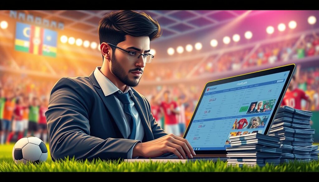 Create an engaging and vibrant digital illustration that captures the essence of online football betting with the brand name "rio66sam" prominently featured. In the foreground, depict a professional-looking individual, dressed in smart casual attire, focused on a laptop displaying football match statistics and betting options. In the middle ground, incorporate elements like colorful football jerseys, a football, and stacks of betting slips, symbolizing an active betting environment. The background should showcase a dynamic sports-themed setting with a blurred, cheering crowd, illuminated by warm golden lighting to enhance the thrilling atmosphere. Utilize a slightly low-angle perspective to convey excitement, aiming for a mood that reflects anticipation and professionalism in the world of online gambling.